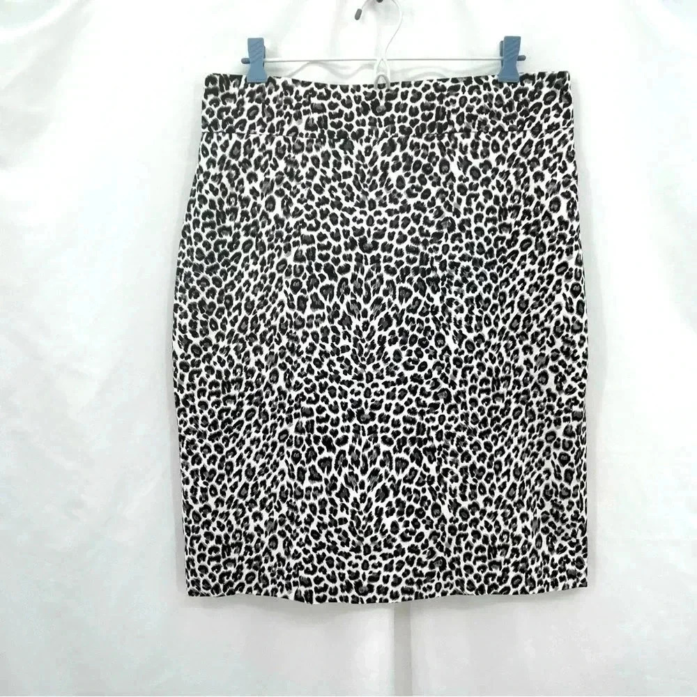 Paniz Pencil Skirt Women 14 White Black Leopard Print Stretch Lined Career Knee